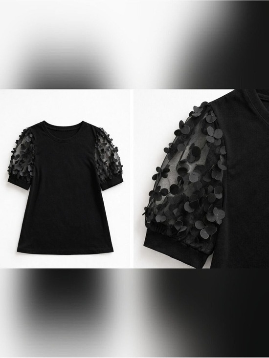 Tops - Black Floral Appliqué Sheer Statement Sleeve Top Size Medium Edgy Glam